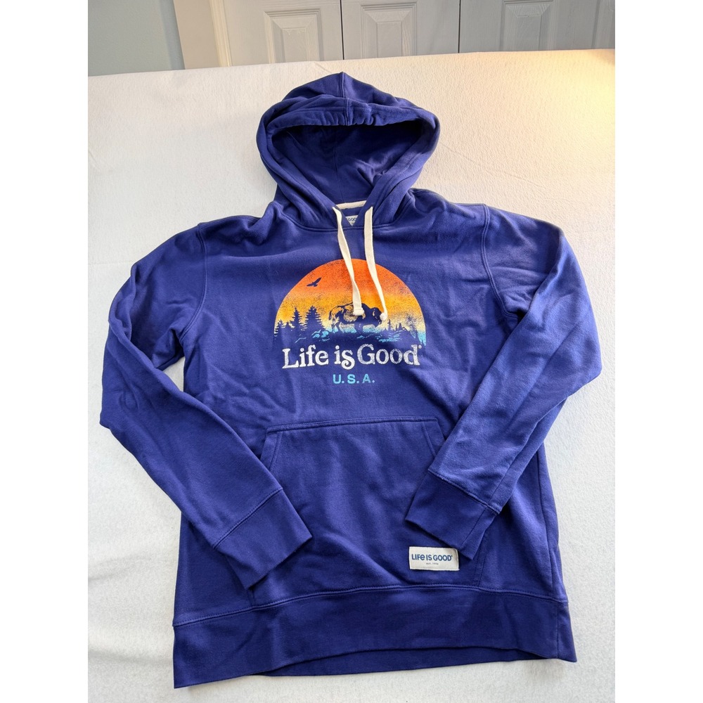 Life is Good Mens blue Bison Sunset Graphic Pullover Hoodie Size Medium